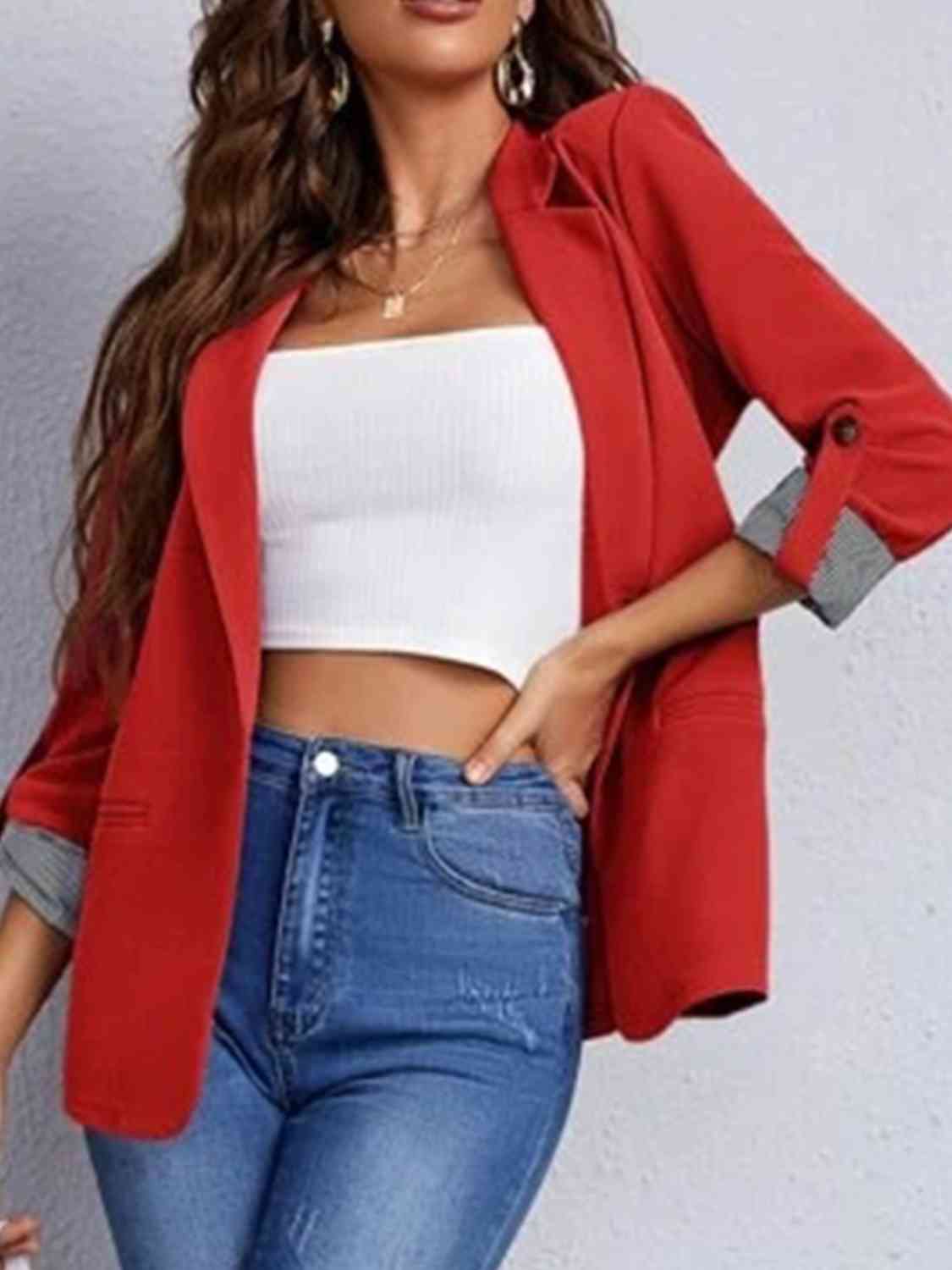 Women's Tailored Blazer - Notched Lapel - Three-Quarter Roll-Tab Sleeves - Open Front