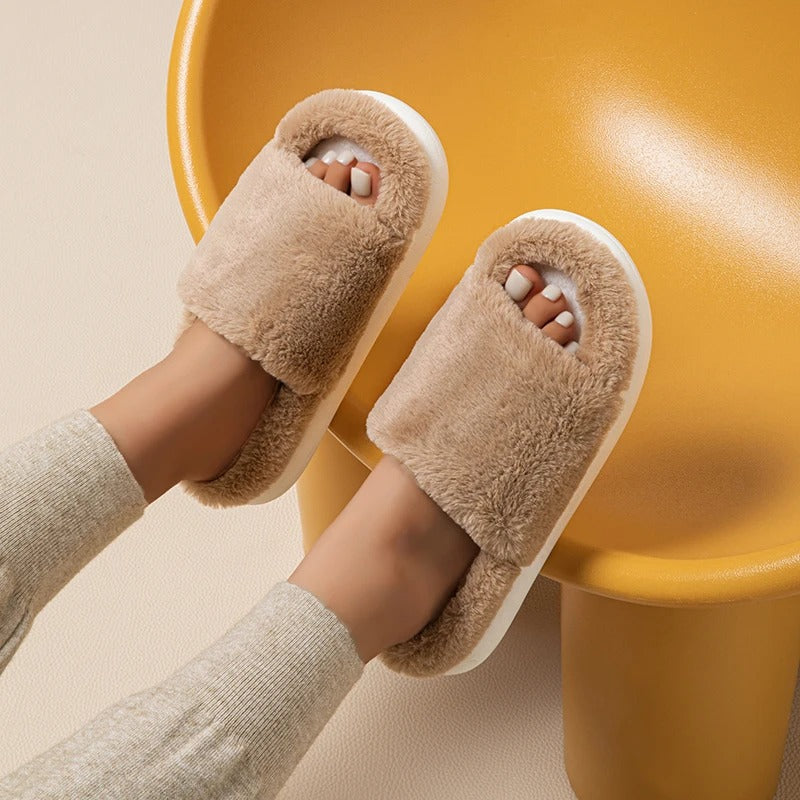 Women's thick plush open toe fur slippers
