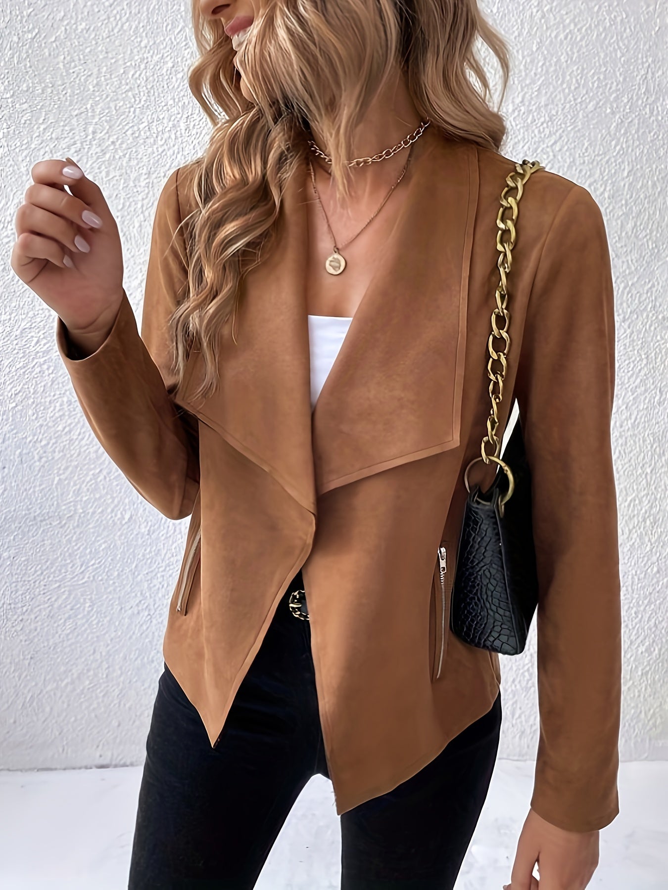 Women's jacket with waterfall collar and zip front pocket