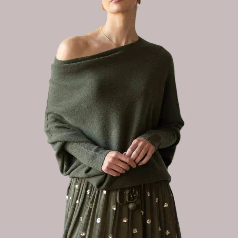 Women’s Knitted Top - Oversized Fit - Boat Neck - Ribbed Cuffs