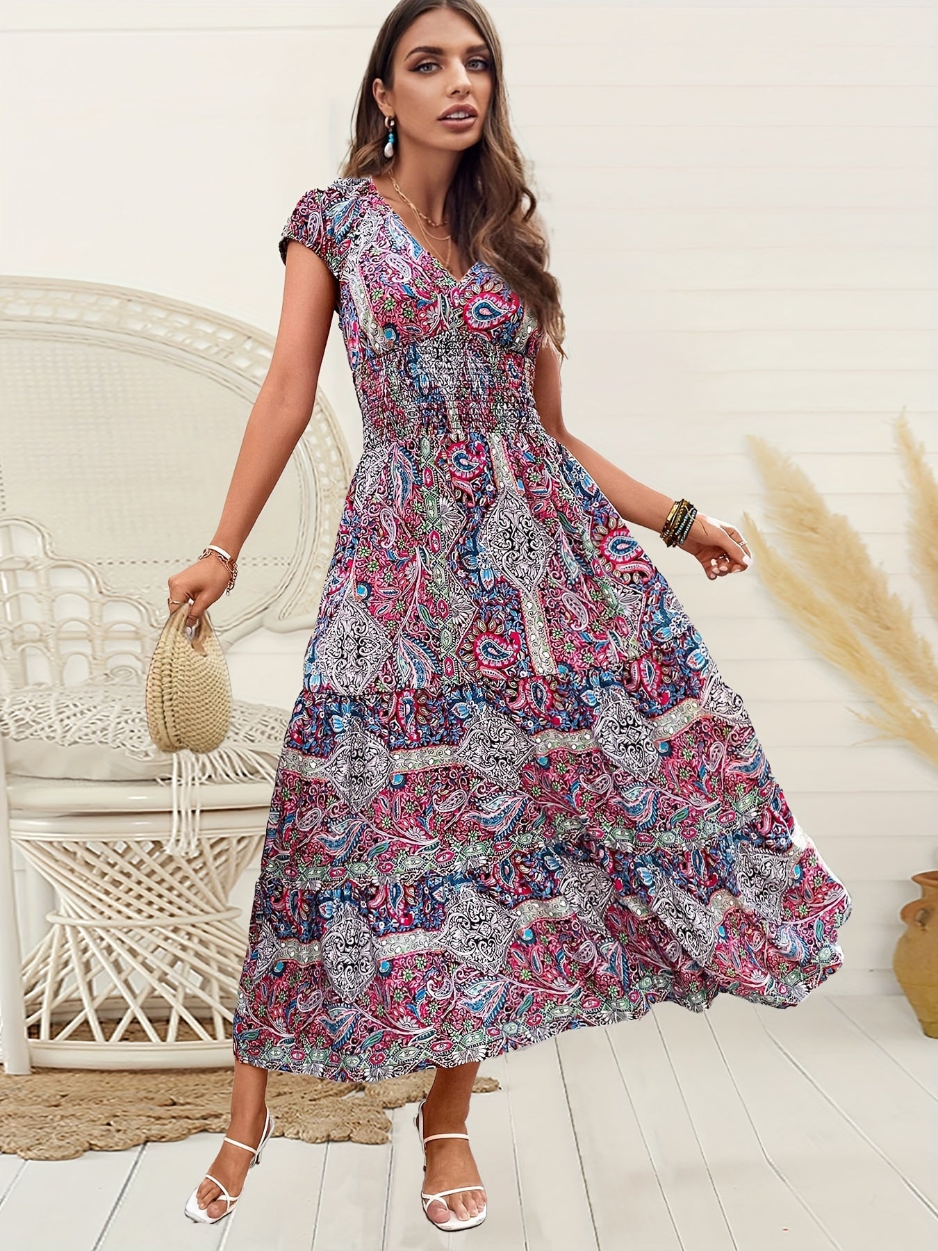 Women’s Maxi Dress - V-Neck Paisley Print - Short Sleeve Flowy Boho Style