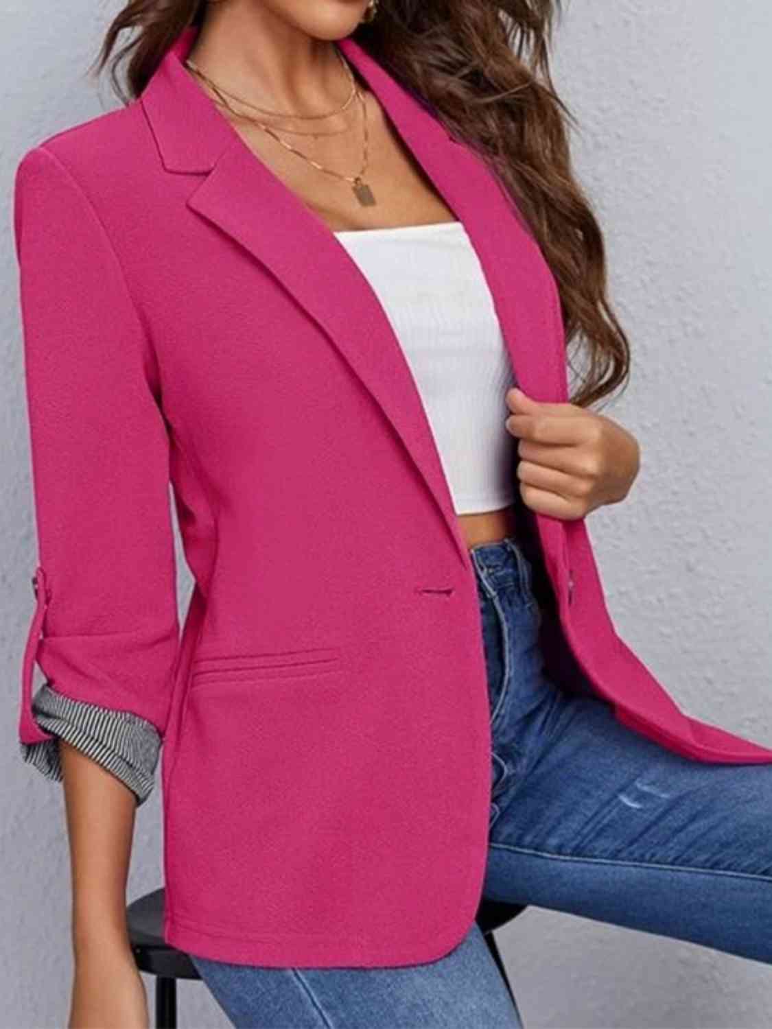 Women's Tailored Blazer - Notched Lapel - Three-Quarter Roll-Tab Sleeves - Open Front