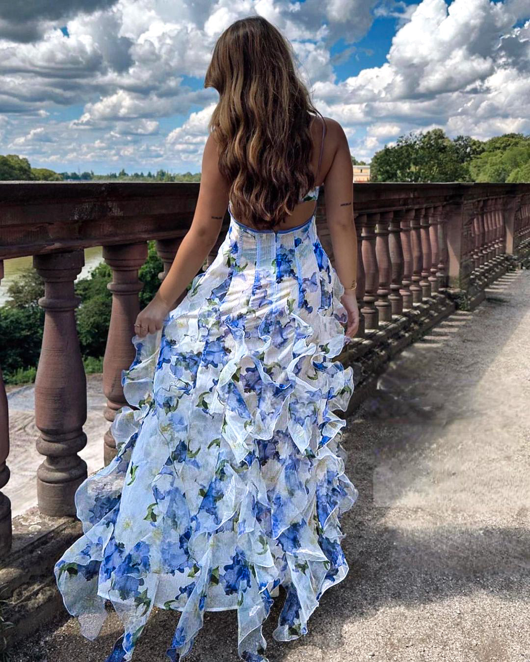 Women’s Maxi Dress – Slim Fit – Ruffled Skirt – Spaghetti Straps – Floral Pattern