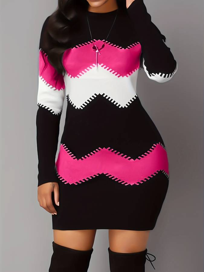 Women's Bodycon Mini Dress - Long Sleeve - Stretch Fabric - Zigzag Pattern