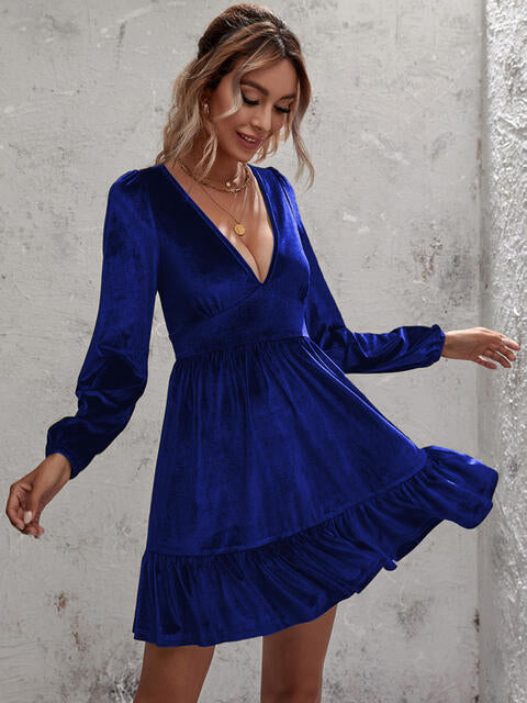 Women's Dress - Soft Luxe Fabric - Deep V-Neck - Long Balloon Sleeves - Ruffled Hem