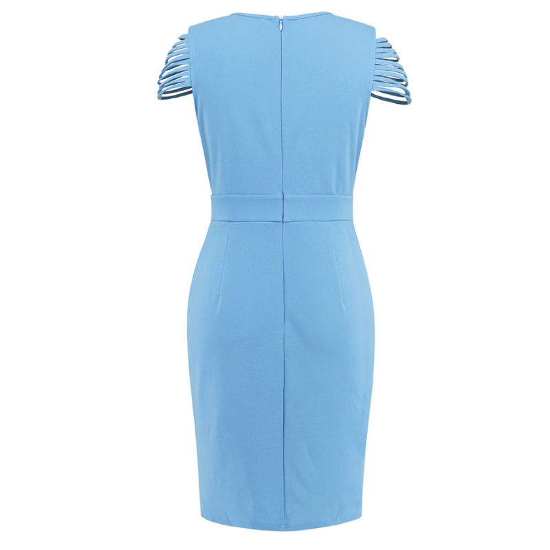 Women's Wrap Dress - V-Neck - Cut-Out Fringed Sleeves - Chain Belt - Knee-Length Elegant