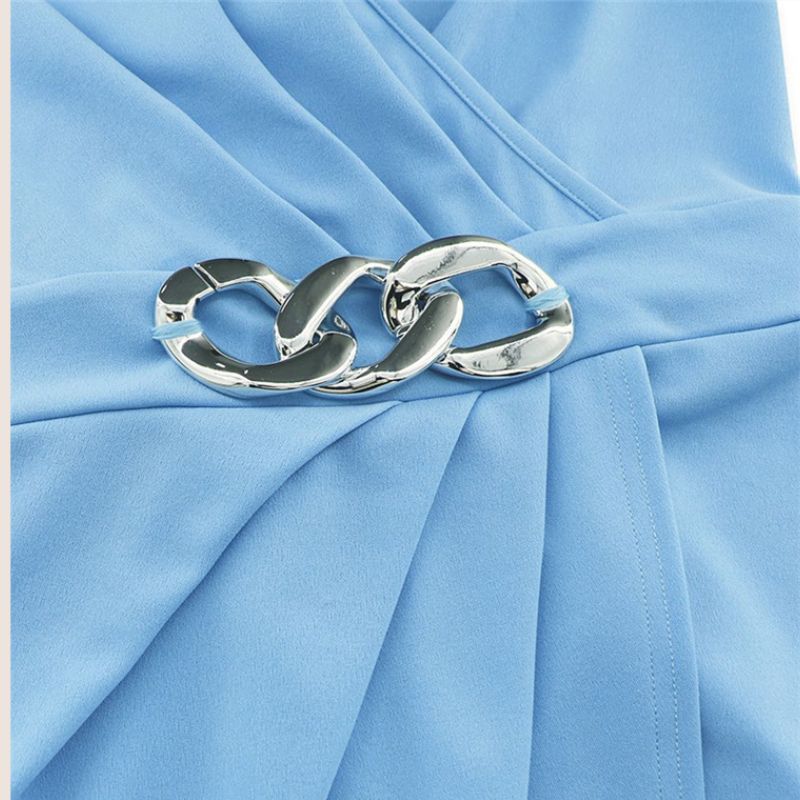 Women's Wrap Dress - V-Neck - Cut-Out Fringed Sleeves - Chain Belt - Knee-Length Elegant