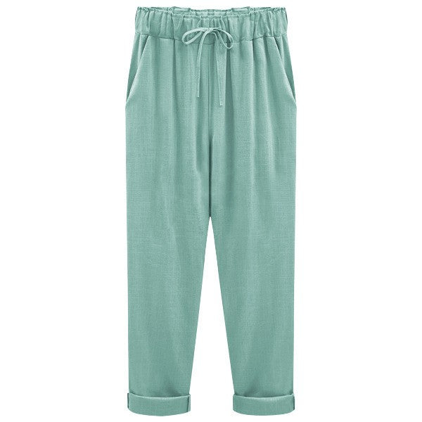 Women's Linen Pants - Loose Fit - Elastic Waist with Drawstring - Cropped Casual Wear