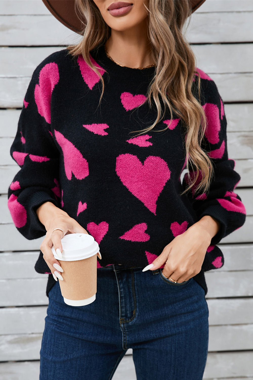 Heart Contrast Round Neck Sweater