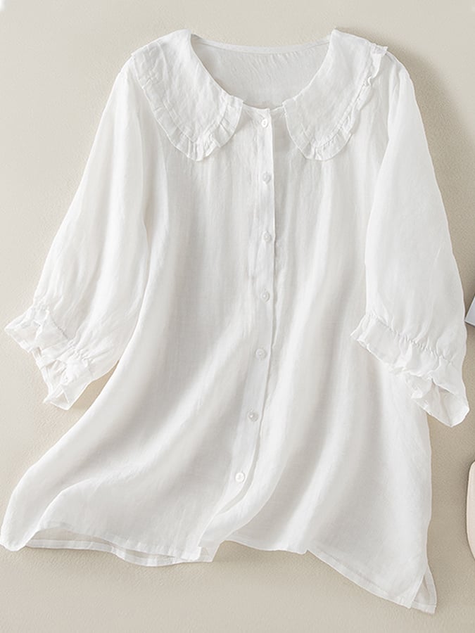 Women's Blouse - Comfortable Fiber Blend - Loose Fit - Button-Up - Ruffled Collar & Cuffs