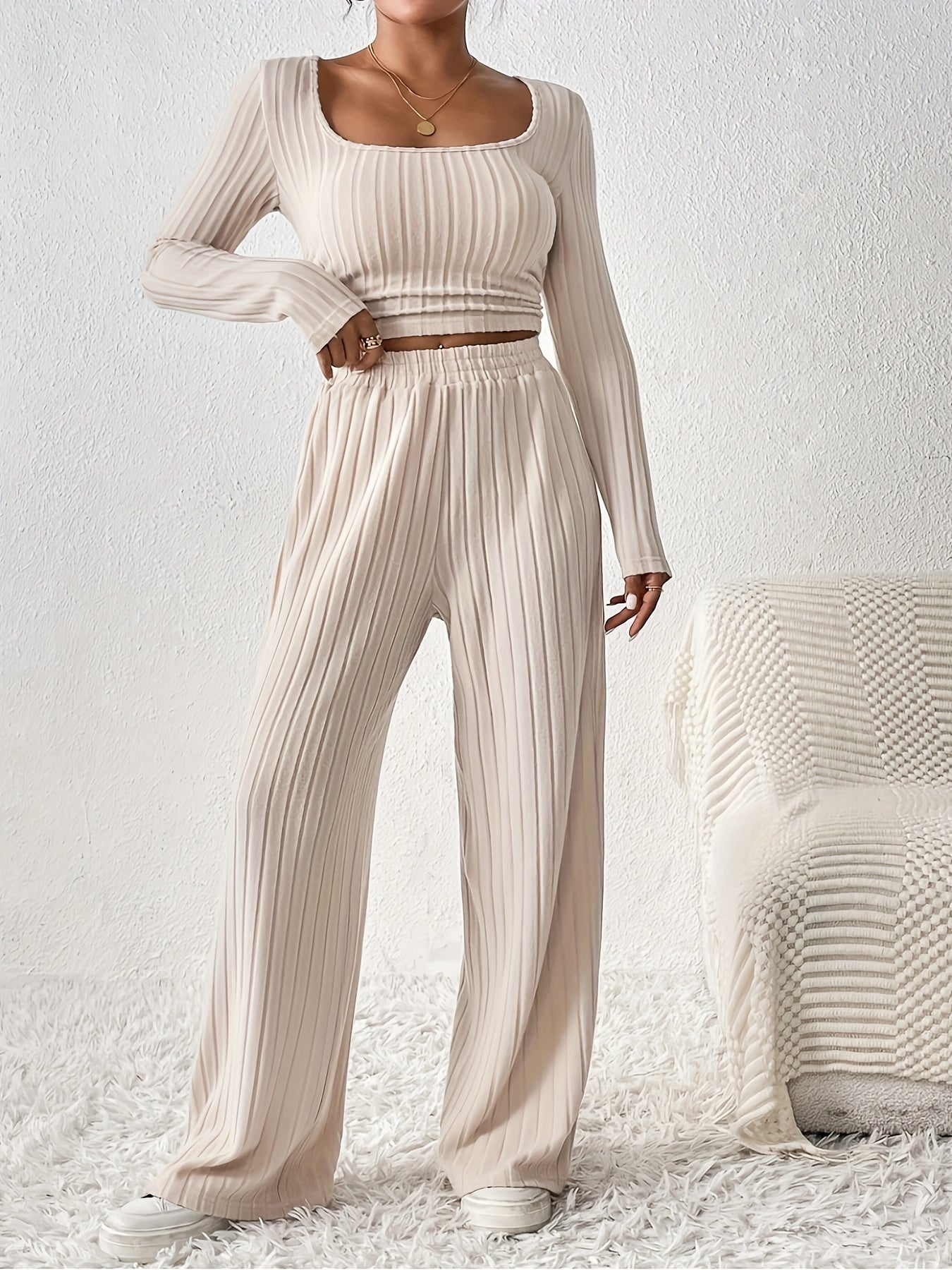 Two-piece ribbed crop top and wide-leg pants lounge set for women