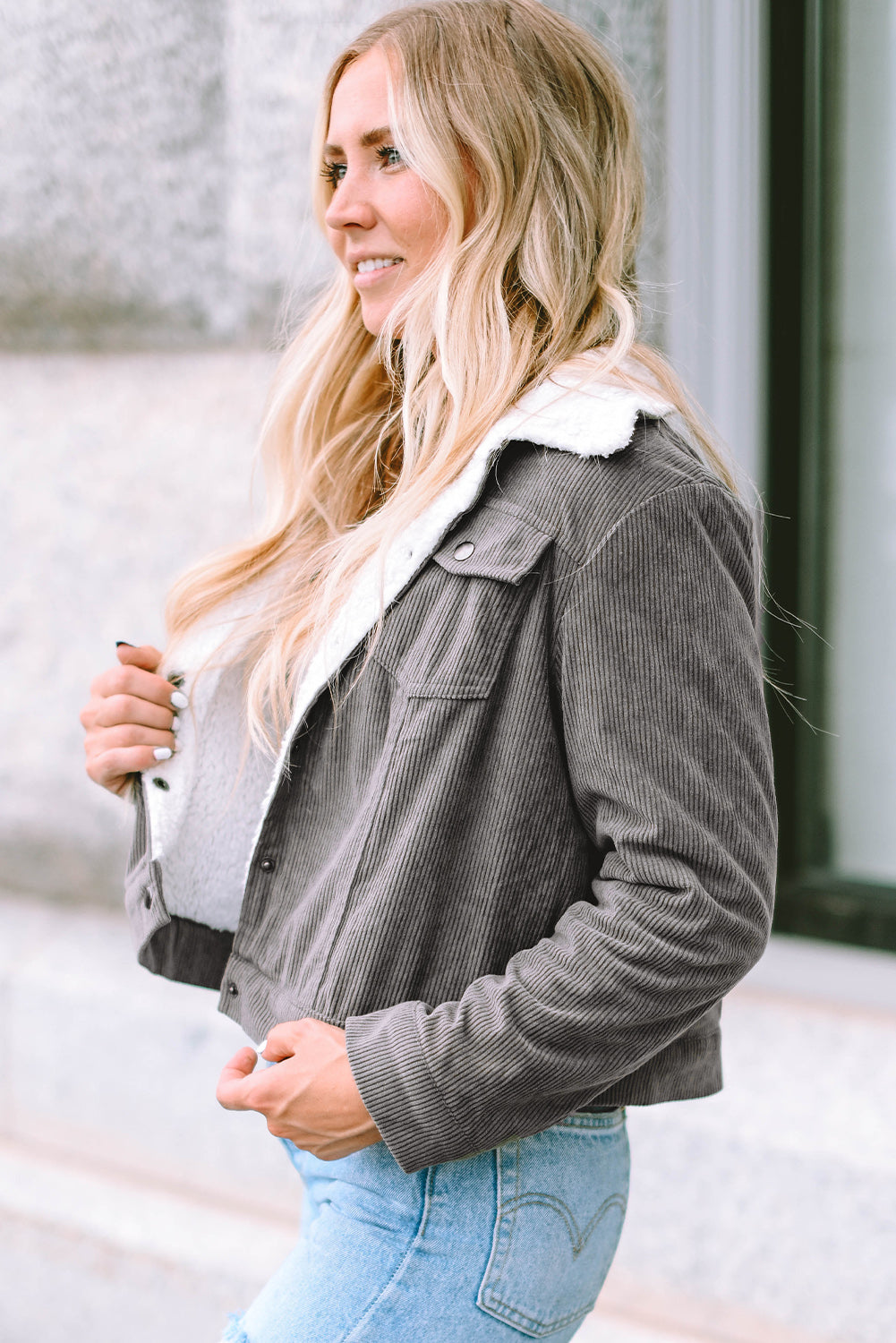 Women's Corduroy Jacket - Cropped Fit - Faux Shearling Collar - Button Closure
