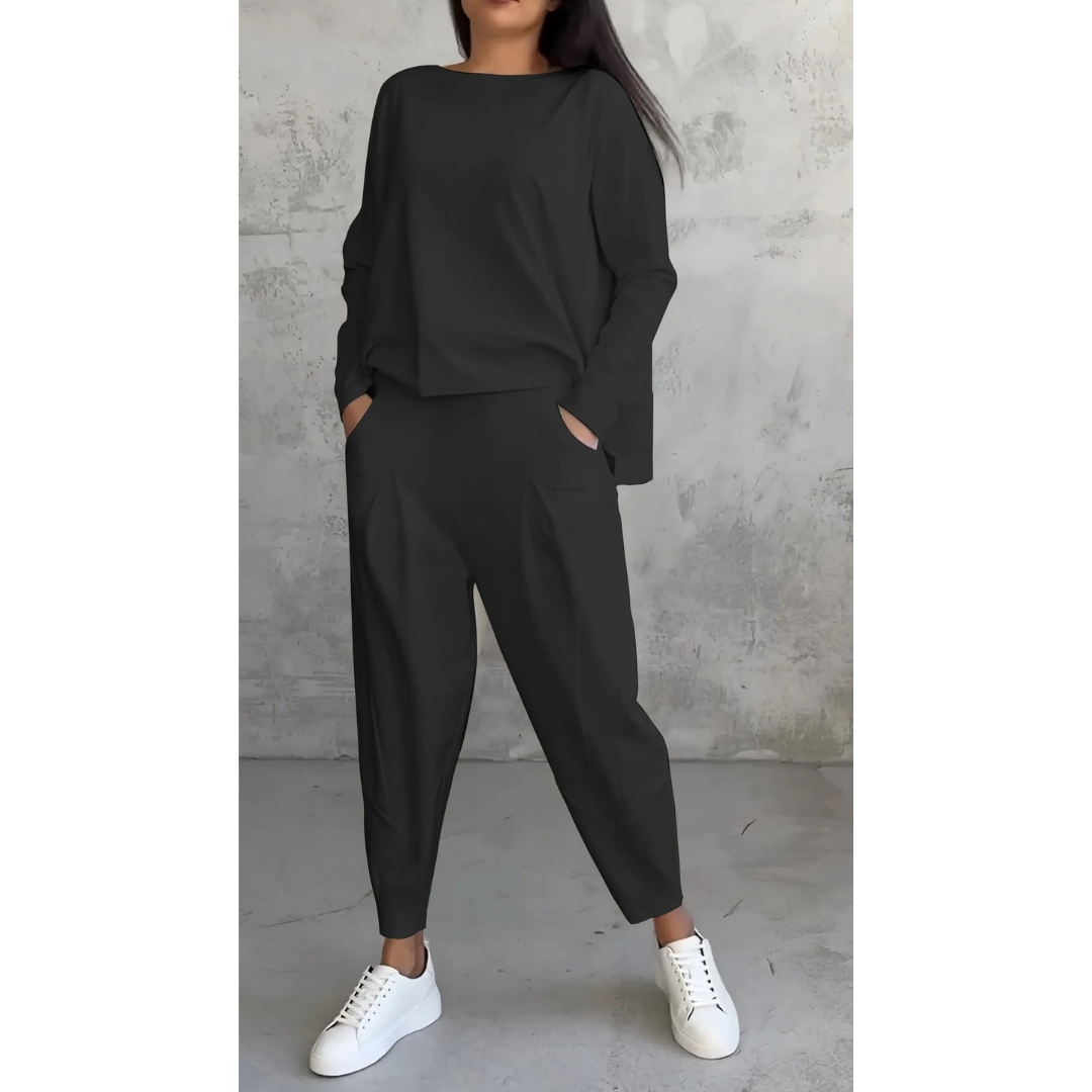 Women’s Lounge Set – Boat Neck Top – Long Sleeve Relaxed Fit – Tapered Pants with Pockets