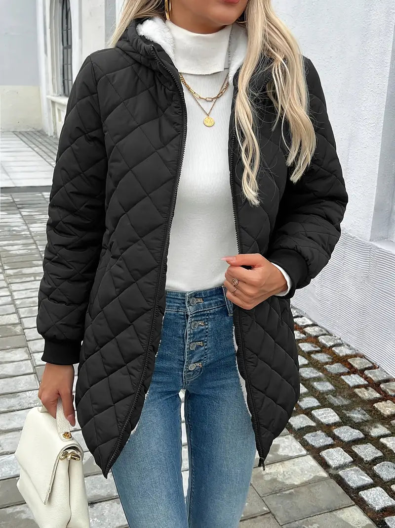 Women’s Quilted Jacket - Hooded - Fleece Lined - Zip Closure - Long Sleeve Casual Fit
