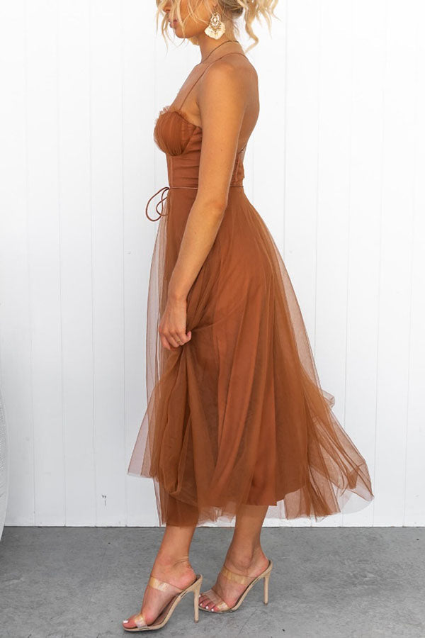 Women's Tulle Maxi Dress - Spaghetti Straps - Fitted Bodice - Layered Flowing Skirt