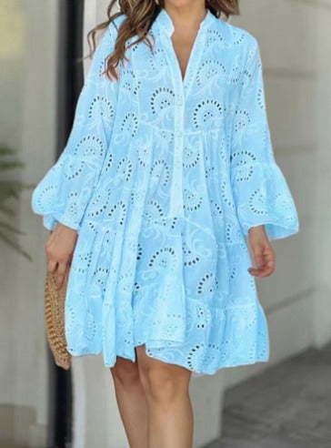 Women’s Button-Down Dress - Eyelet Lace - Tiered Ruffle - Loose Fit Boho Style