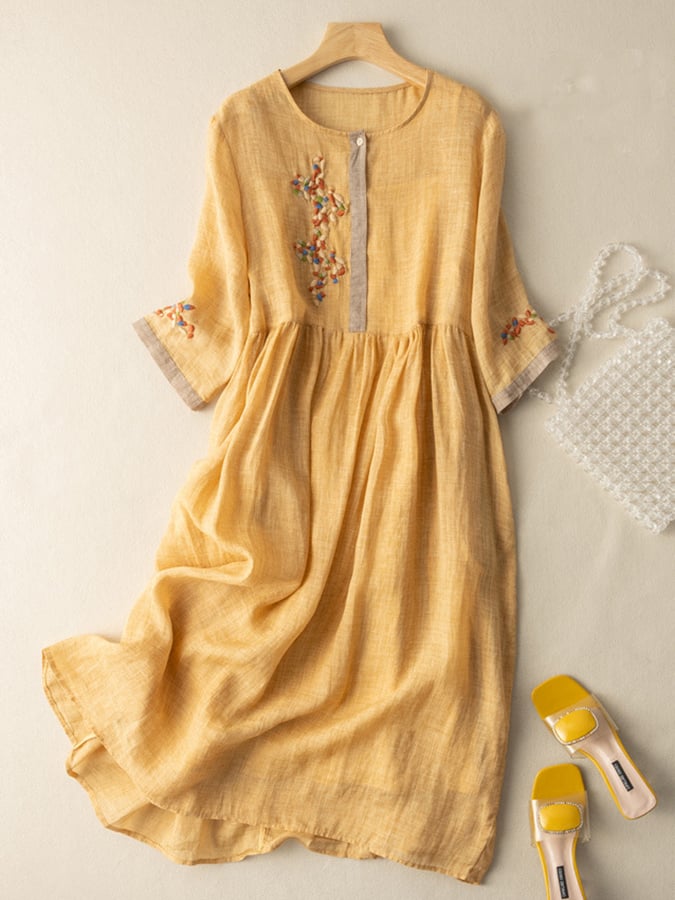 Women's Embroidered Dress - Midi Length - Three-Quarter Sleeve - Relaxed Fit