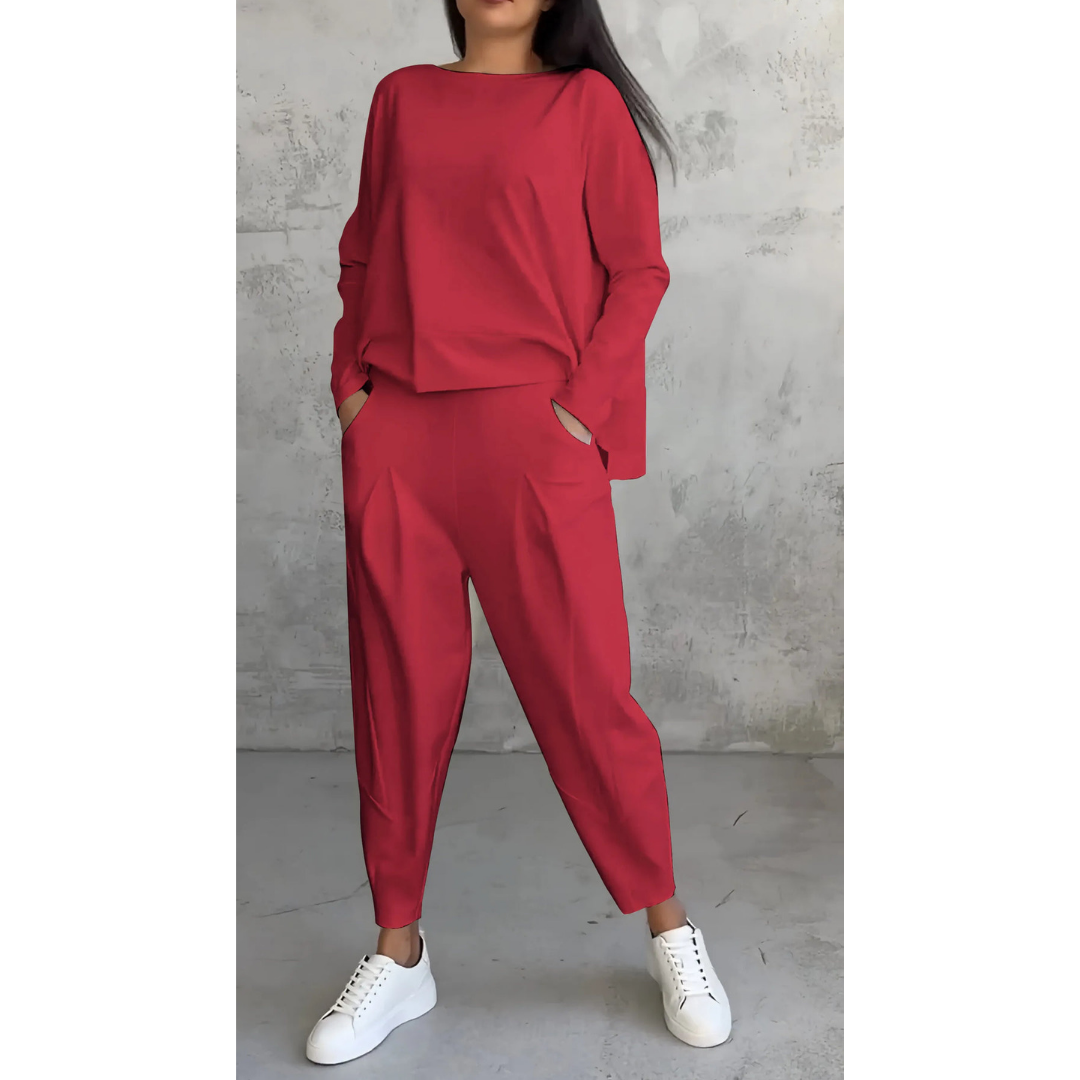 Women’s Lounge Set – Boat Neck Top – Long Sleeve Relaxed Fit – Tapered Pants with Pockets