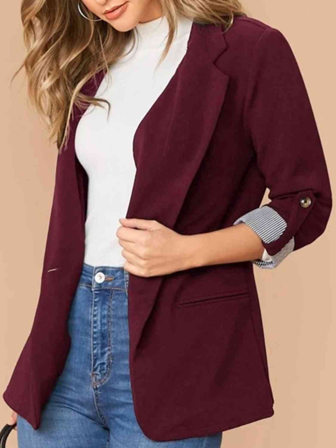 Women's Tailored Blazer - Notched Lapel - Three-Quarter Roll-Tab Sleeves - Open Front