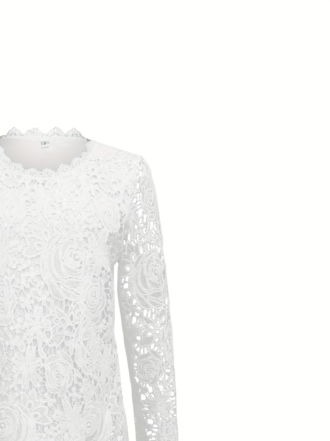 Women's Lace Blouse - Floral Pattern - Long Sleeve Sheer - Scalloped Hem Elegant