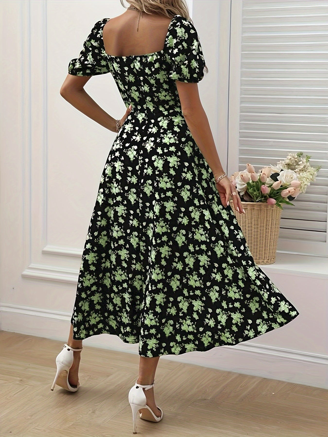 Elegant Floral Print Slim Fit Slit Dress