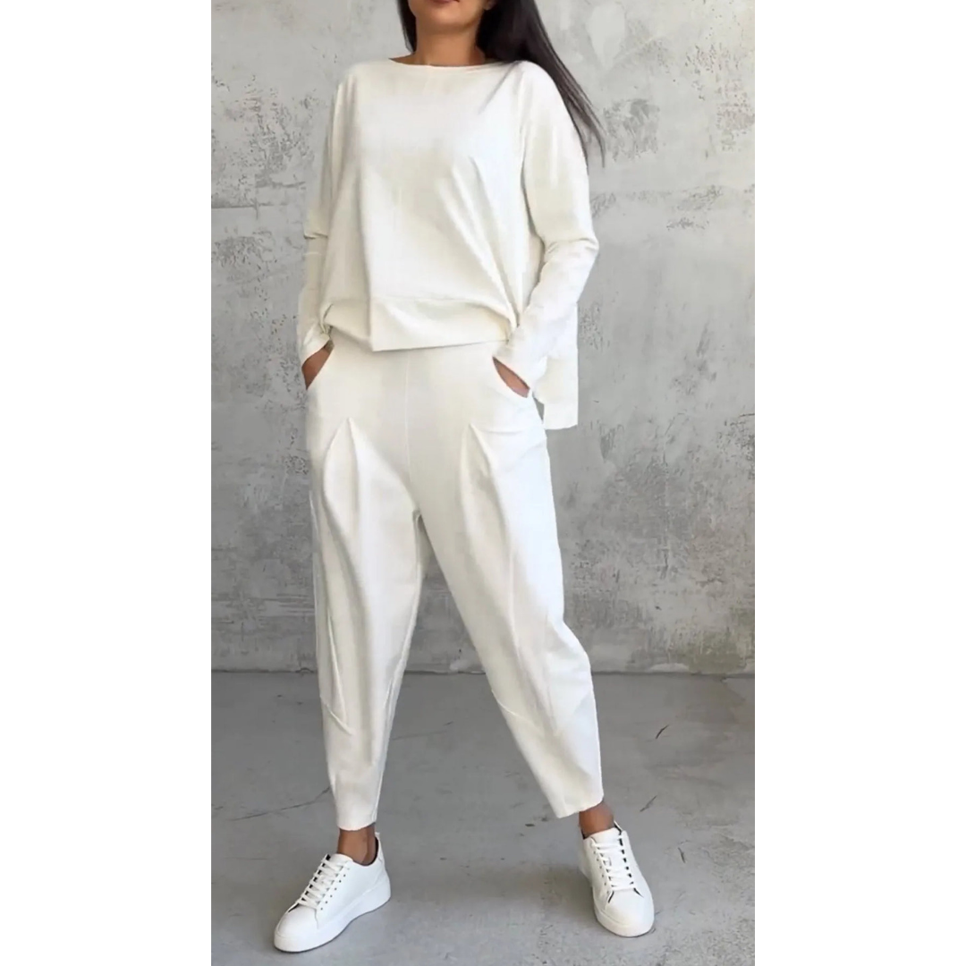 Women’s Lounge Set – Boat Neck Top – Long Sleeve Relaxed Fit – Tapered Pants with Pockets