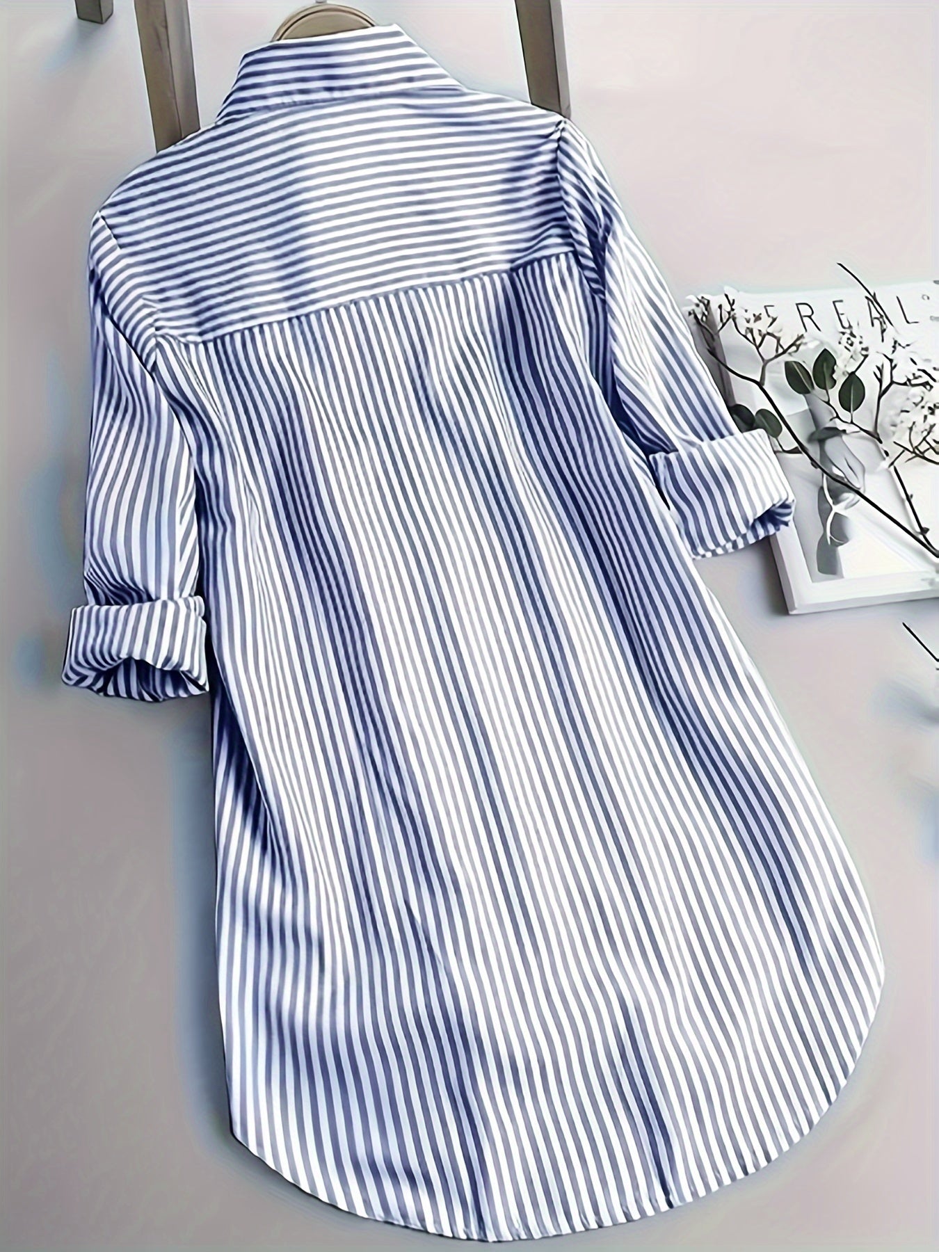 Women's Button-Up Shirt - Striped Print - Loose Fit Tunic - Long Sleeve Casual Wear