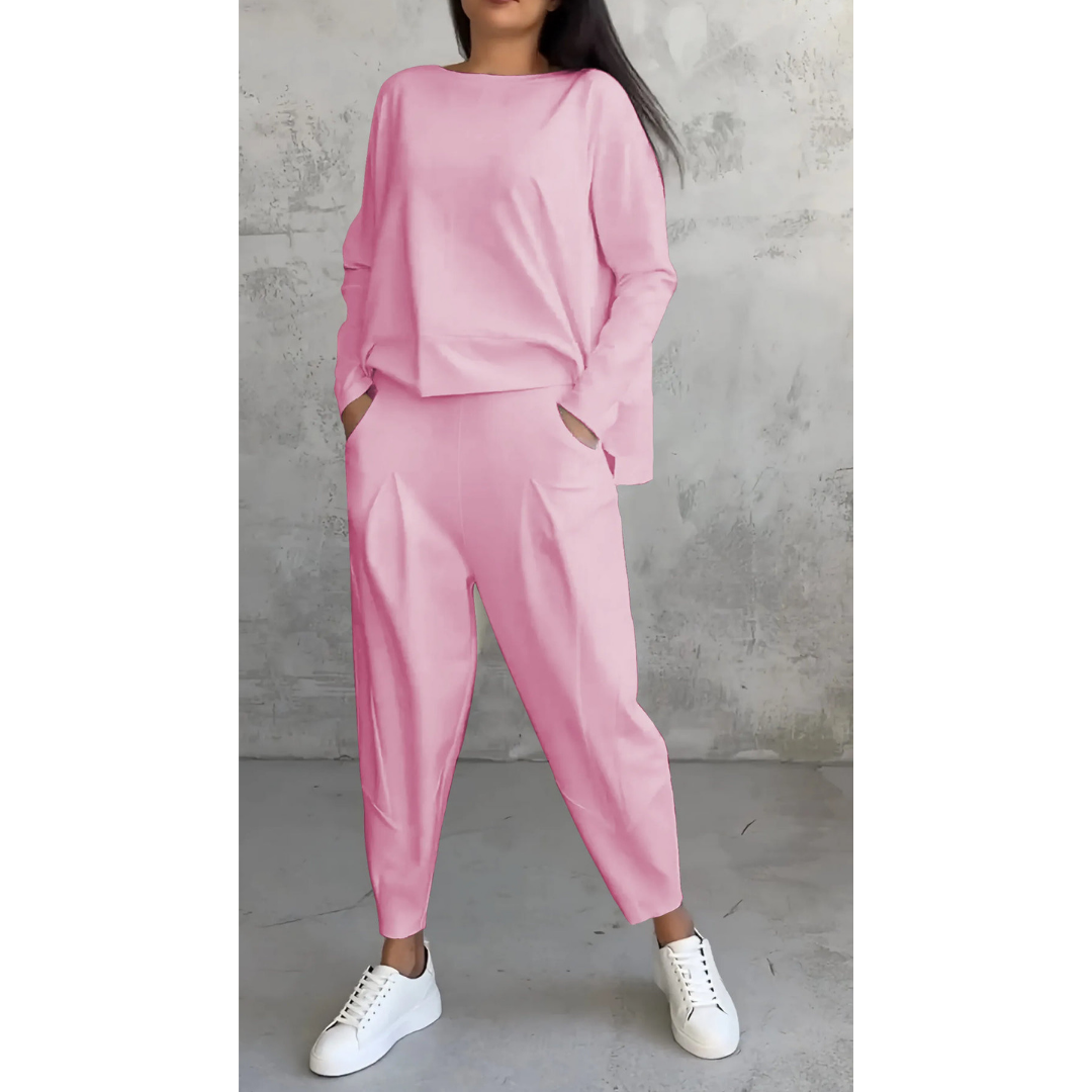 Women’s Lounge Set – Boat Neck Top – Long Sleeve Relaxed Fit – Tapered Pants with Pockets