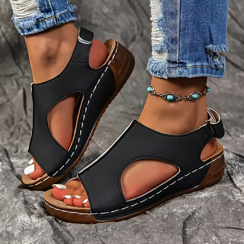 Women’s Wedge Sandals - Open-Toe - Cut-Out Design - Adjustable Strap Casual Wear