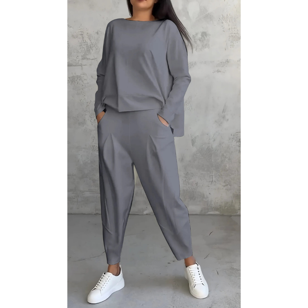 Women’s Lounge Set – Boat Neck Top – Long Sleeve Relaxed Fit – Tapered Pants with Pockets