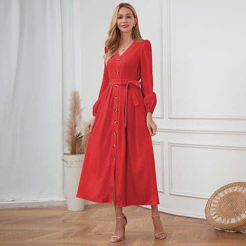 Women's Maxi Dress - V-Neck Button Front - Long Sleeve Tie Waist Flowy Fit