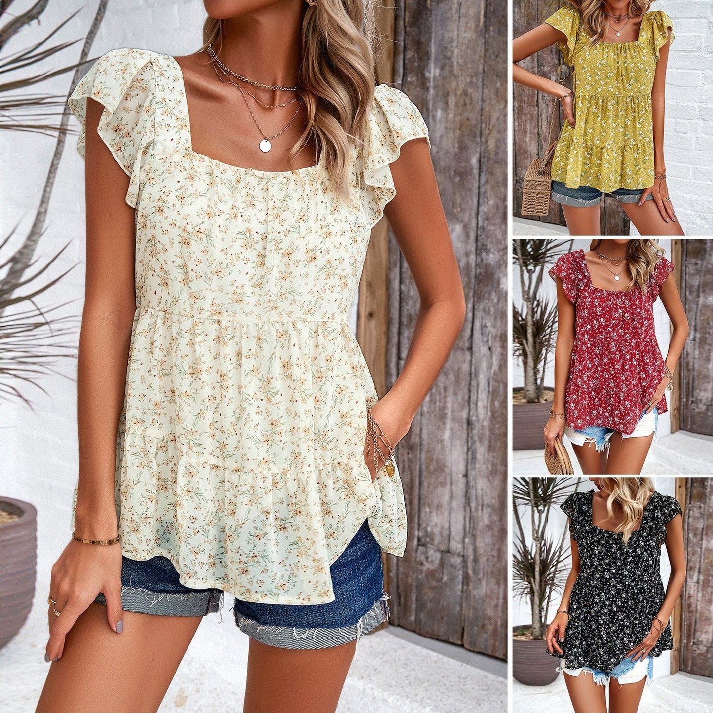 Women's Blouse - Square Neck - Flutter Sleeve - Relaxed Fit - Floral Print