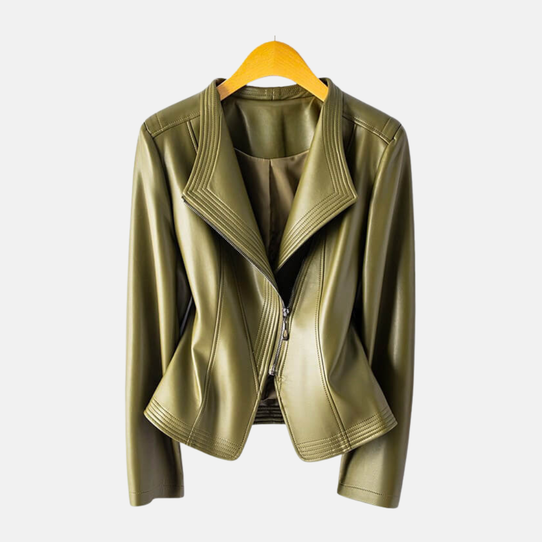 Women’s Jacket - Faux Leather - Cropped Length - Notched Collar - Asymmetrical Zipper