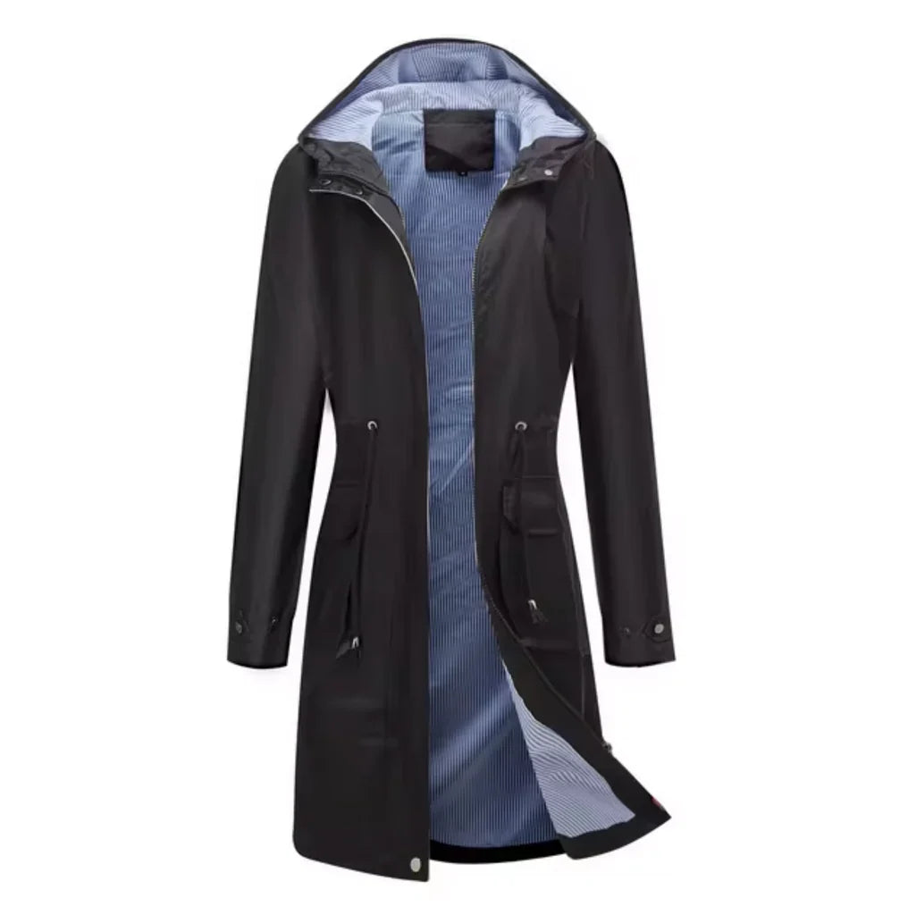 Women’s Long Hooded Jacket – Water-Resistant – Tailored Fit – Zip Front – Adjustable Waist