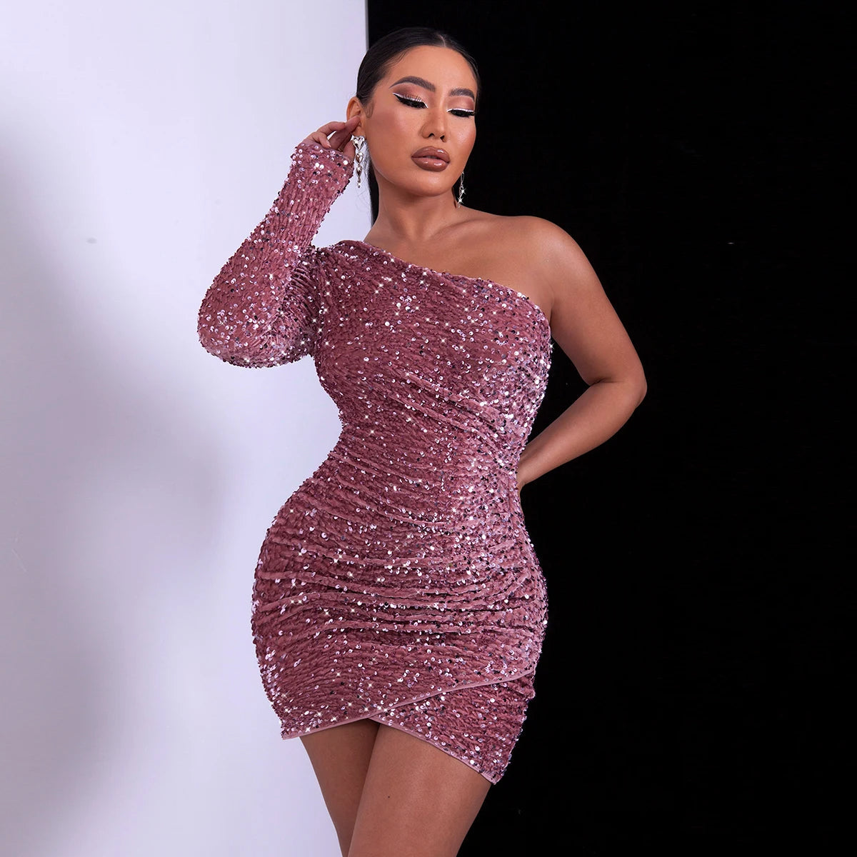 Women's Sequin Dress - One-Shoulder Bodycon - Long Sleeve Mini Partywear