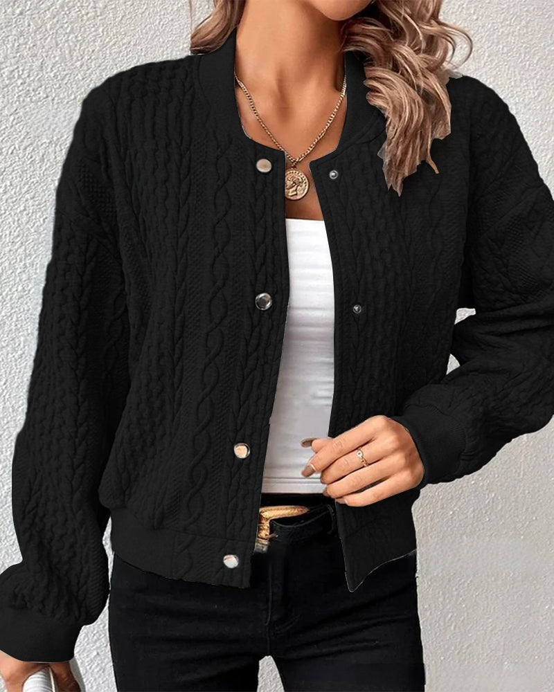 Women's Bomber Jacket - Cable Knit - Snap Button Front - Ribbed Collar & Cuffs
