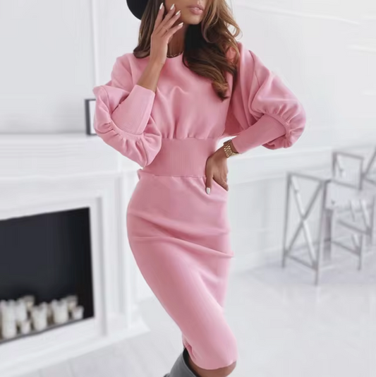 Ribbed Waist Fitted Knit Sweater Dress