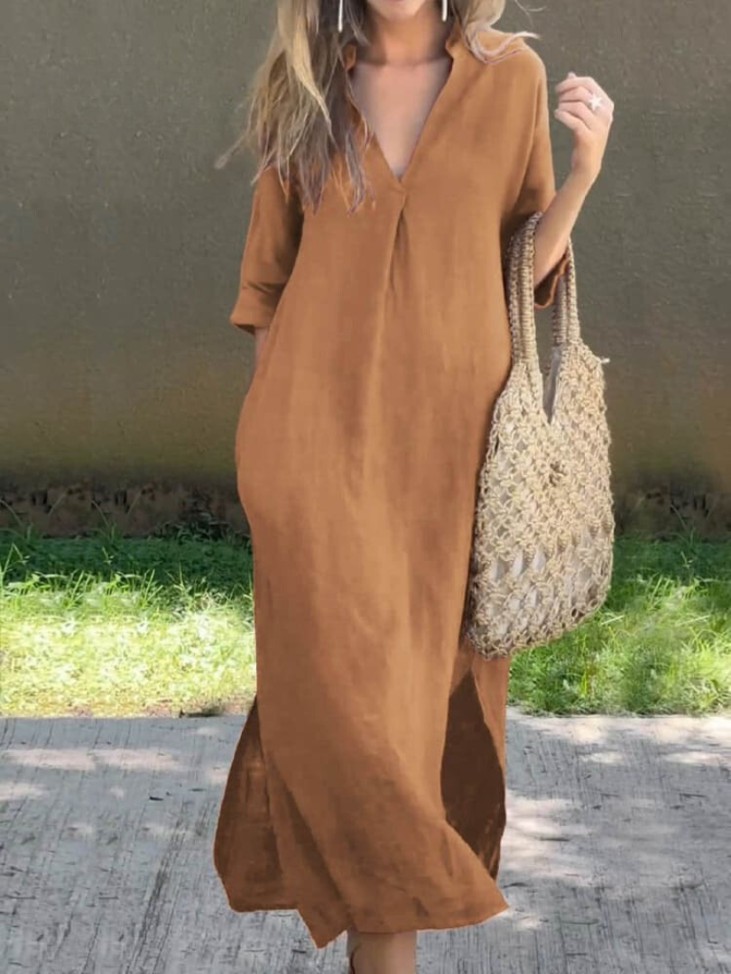 Women’s Maxi Dress – Relaxed Fit – V-Neck – Natural Fibers – Three-Quarter Sleeve