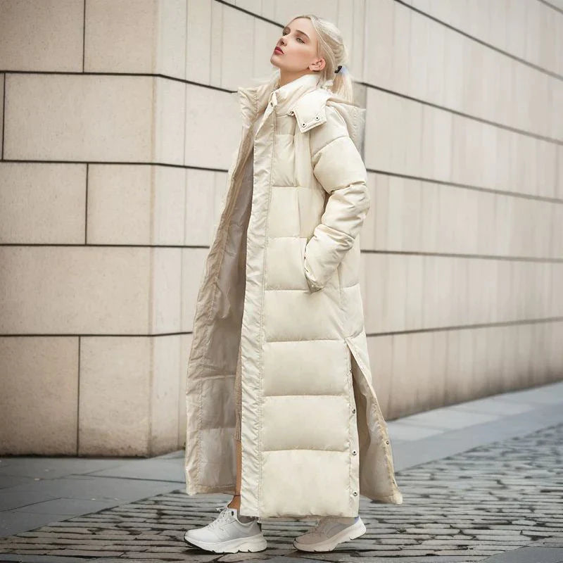 Long padded hooded winter coat jacket for women