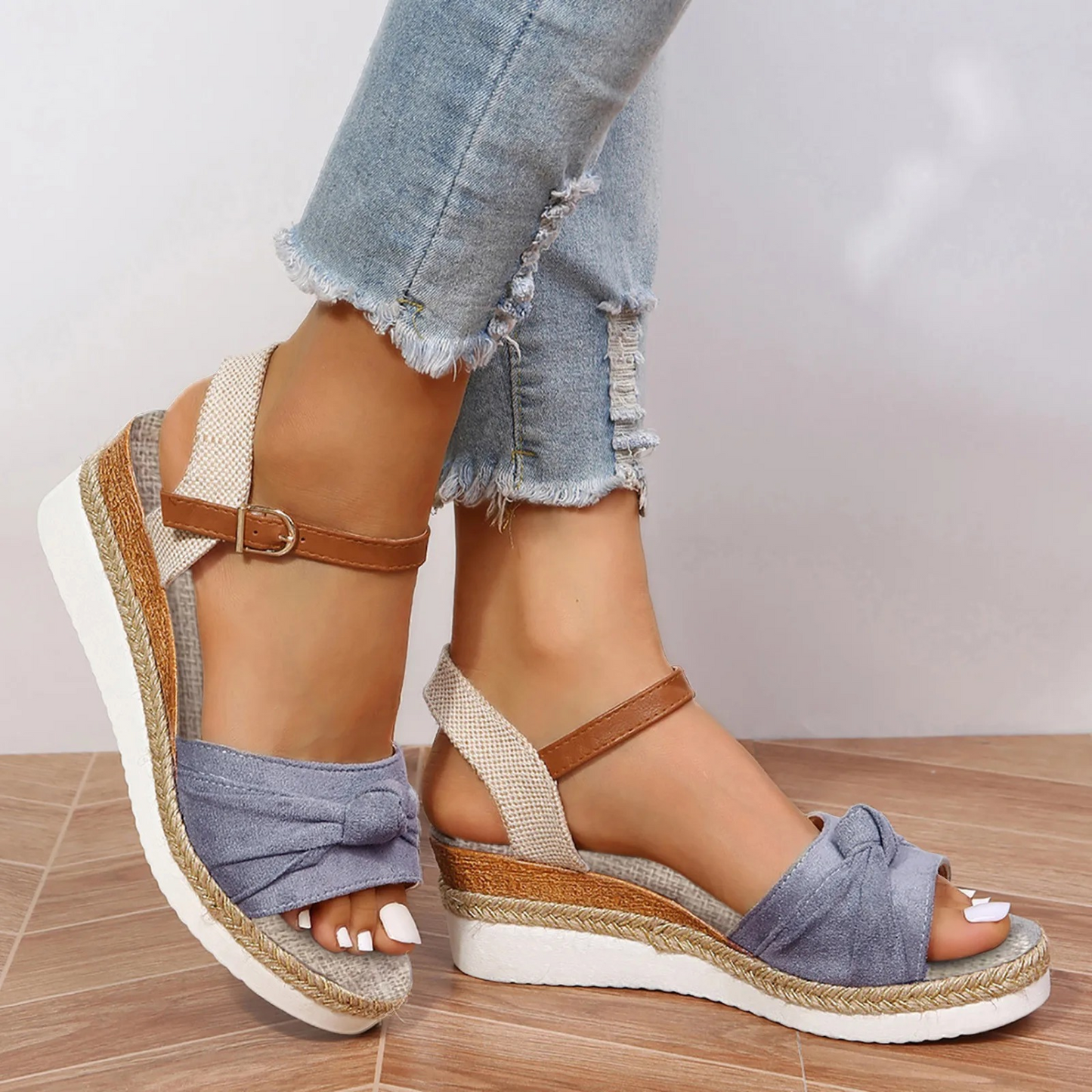 Women's Wedge Sandals - Espadrille Jute Heel - Knotted Toe Strap - Adjustable Buckle