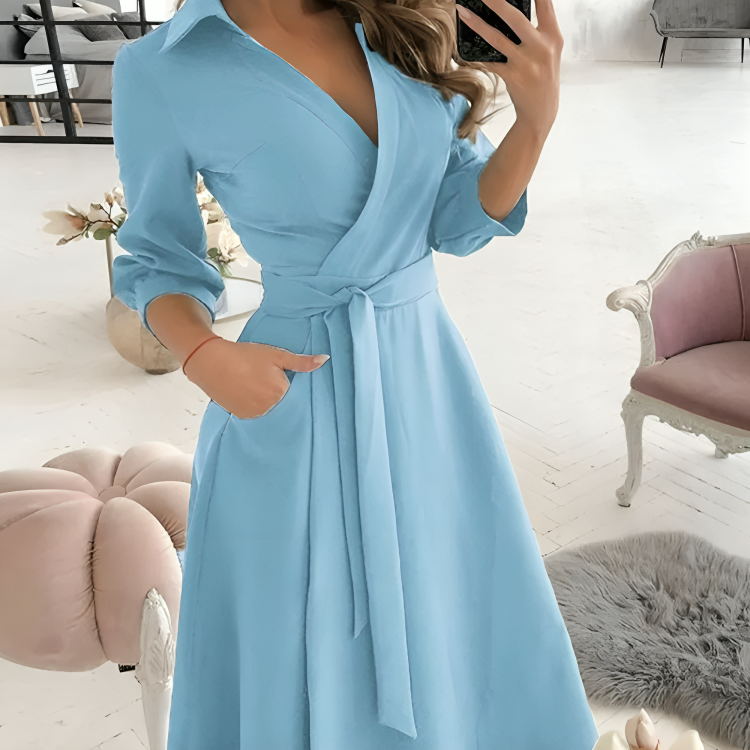 Women's Wrap Dress - V-Neck Adjustable Fit - Long Sleeve with Waist Tie - Elegant & Chic