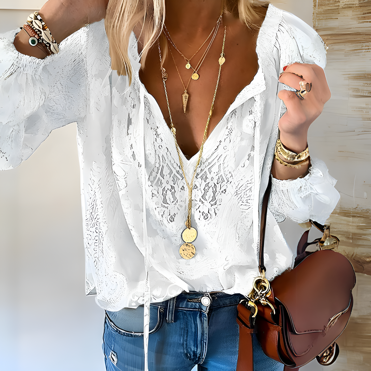 Women's Lace Blouse - Semi-Sheer Floral Pattern - Long Sleeve Loose Fit V-Neck