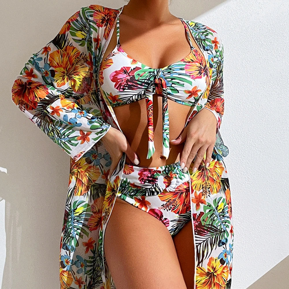 Sheer Three-Piece Bikini Set with Tie Front