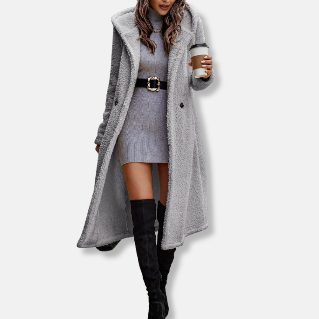 Women’s Long Coat – Plush Textured Fabric – Relaxed Fit – Hooded – Button Front