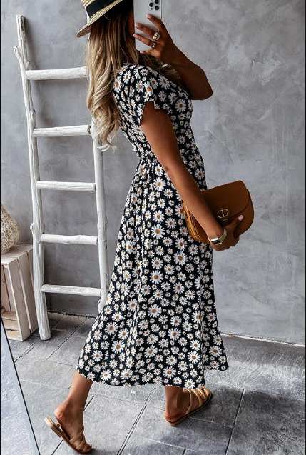 Women's Midi Dress - Floral Print - Short Sleeve - Lightweight Flowy Fit