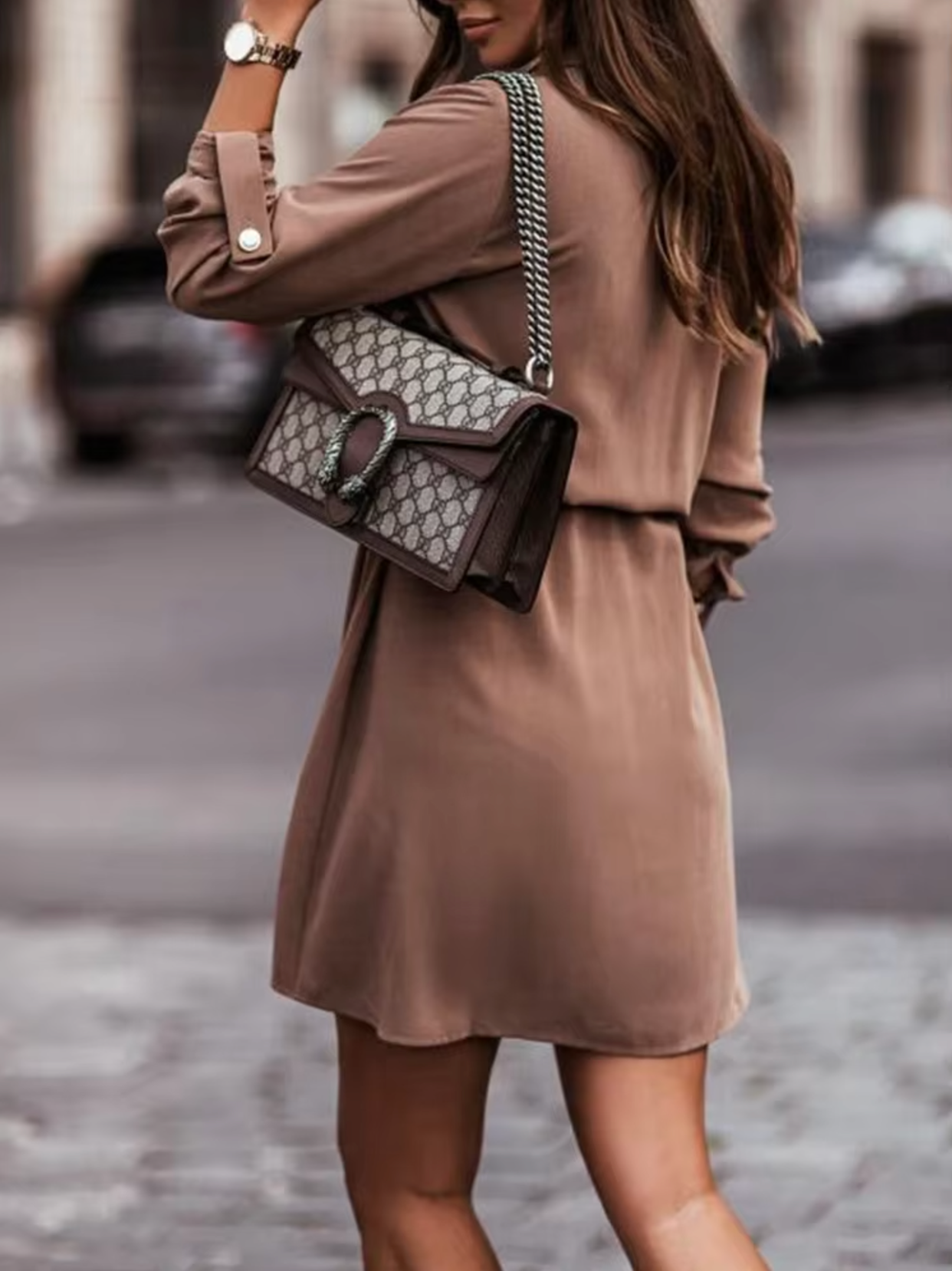 Women's Shirt Dress - Knee-Length - Button-Up Collar - Long Sleeve with Tie Waist