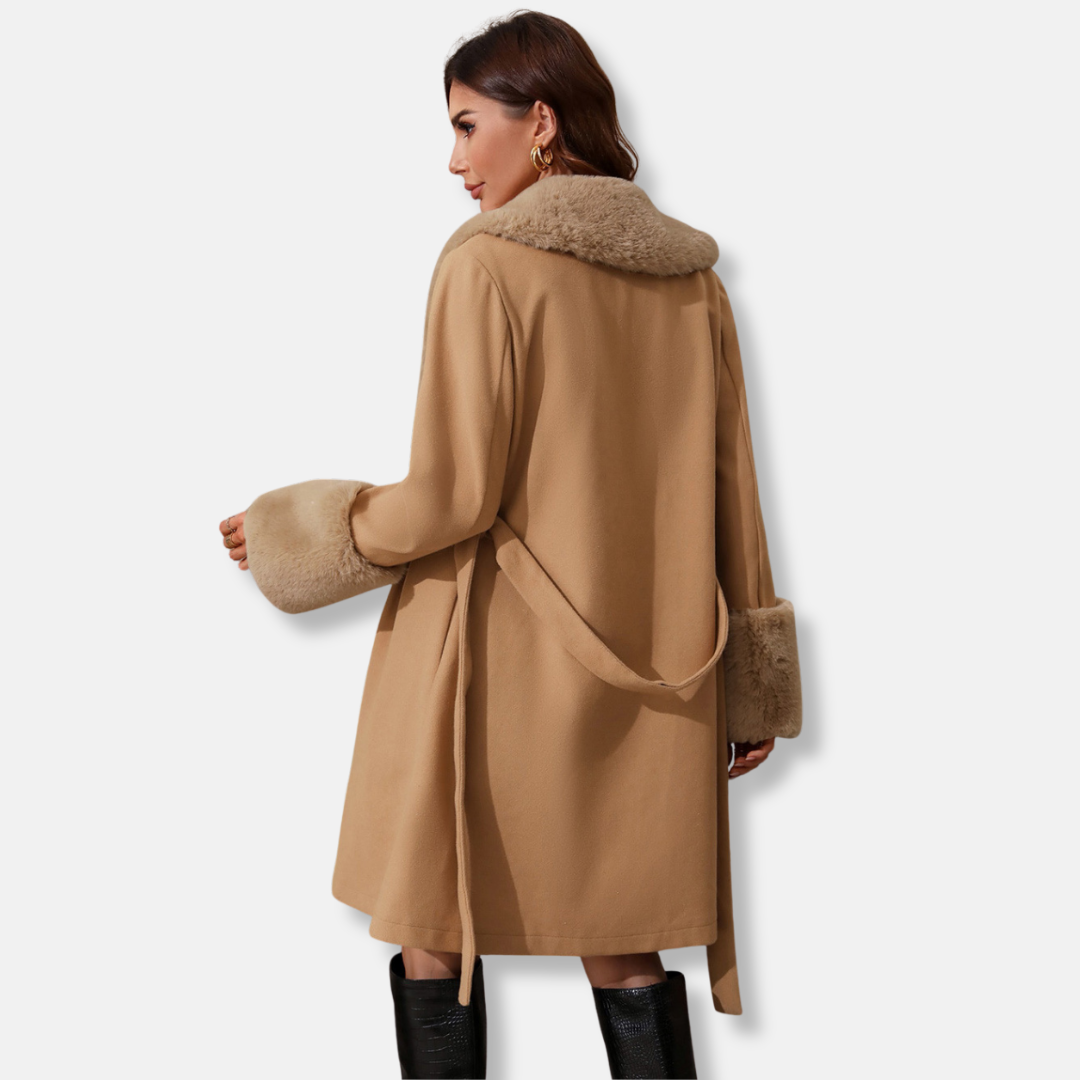 Women’s Trench Coat – Tailored Fit – Fur Collar & Cuffs – Mid-Length Belted Design