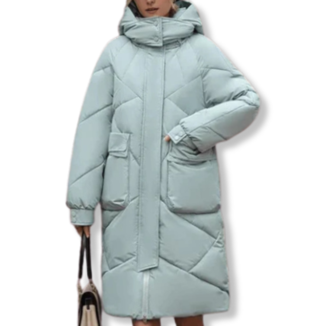 Isla Oversized Quilted Coat | Hooded High Collar Front Pockets Coat