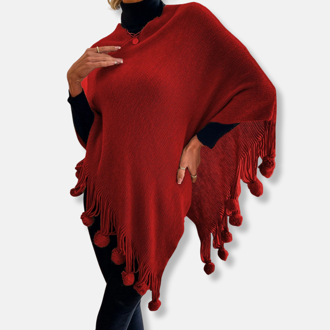 Sienna Relaxed Fit Cape | Fringe Pom-Pom Trim Cape