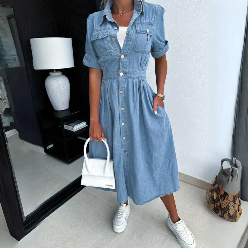 Women's Denim Shirtdress - Button-Down Collar - Cinched Waist - Short Sleeve Midi
